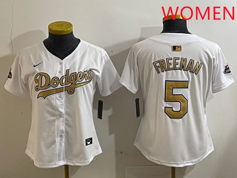 Women Los Angeles Dodgers 5 Freeman White Champion gold character 2025 Nike MLB Jersey style 412